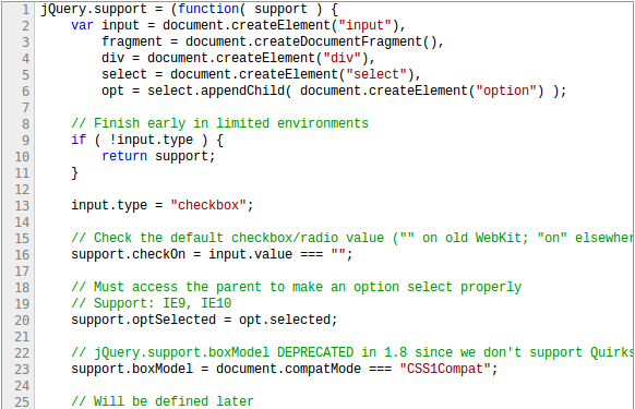 A snippet of a jQuery file, with JavaScript syntax highlighting.