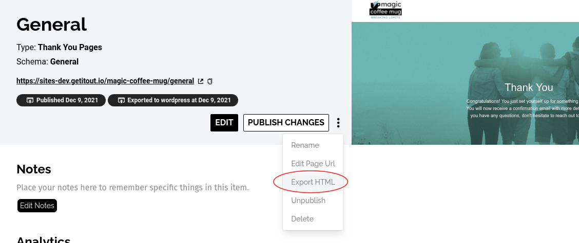 Export HTML button.