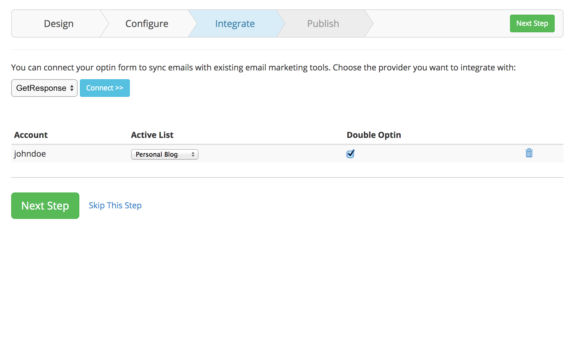 This is the integration step where you can connect your GetResponse account