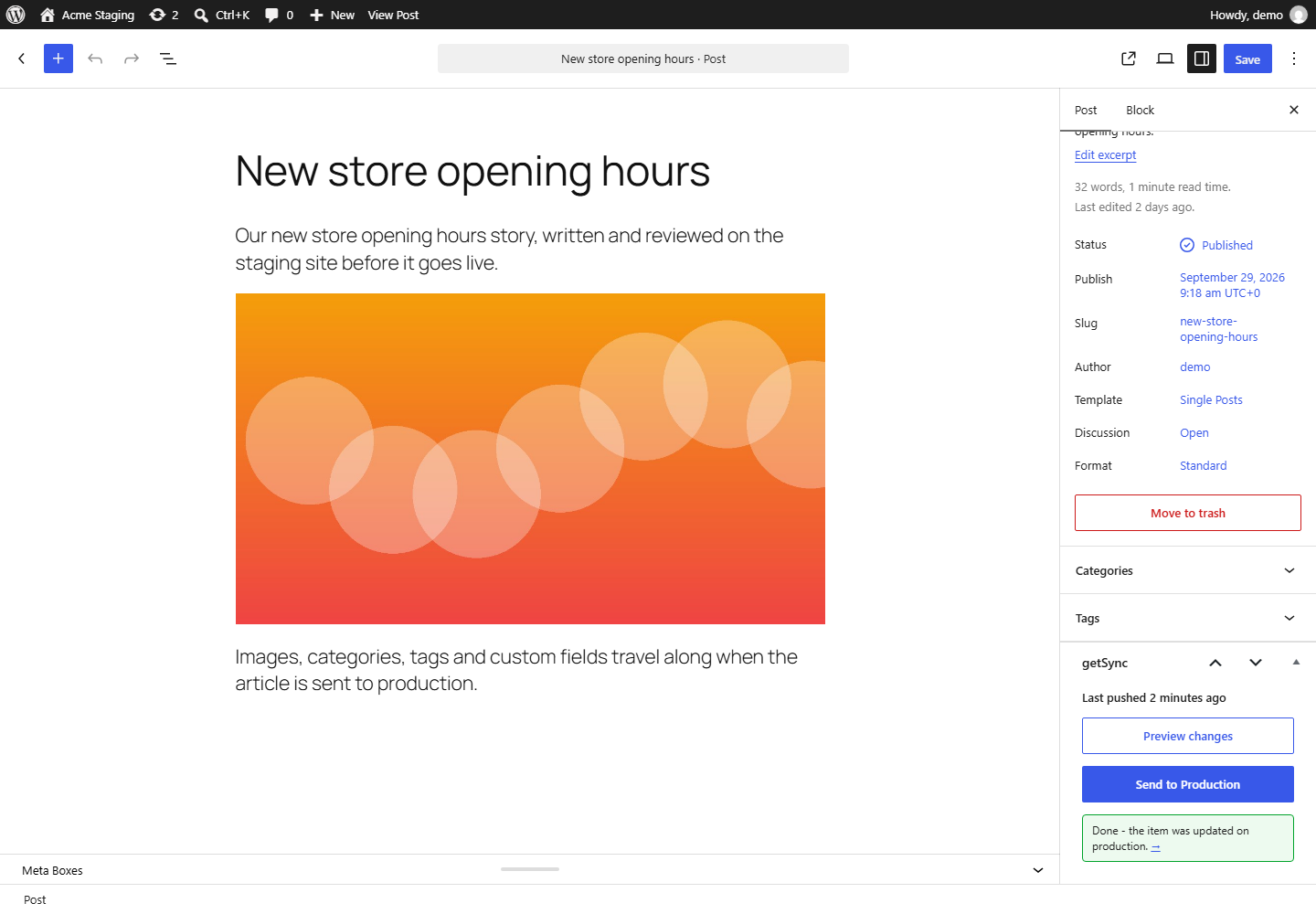 One click on "Send to Production" and the article is live, with a link to it.