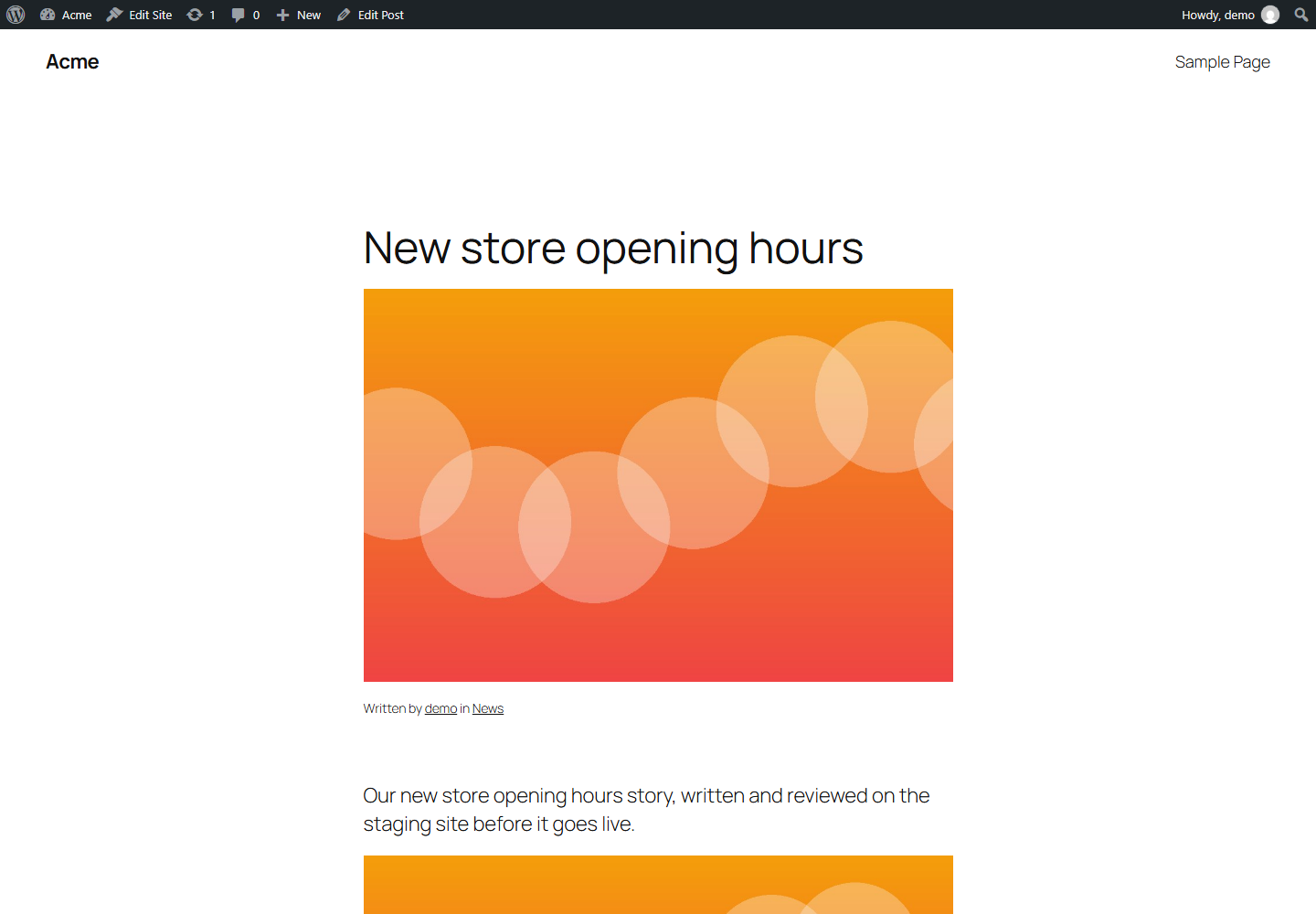 The same article on the live site, with its image, category and tags.
