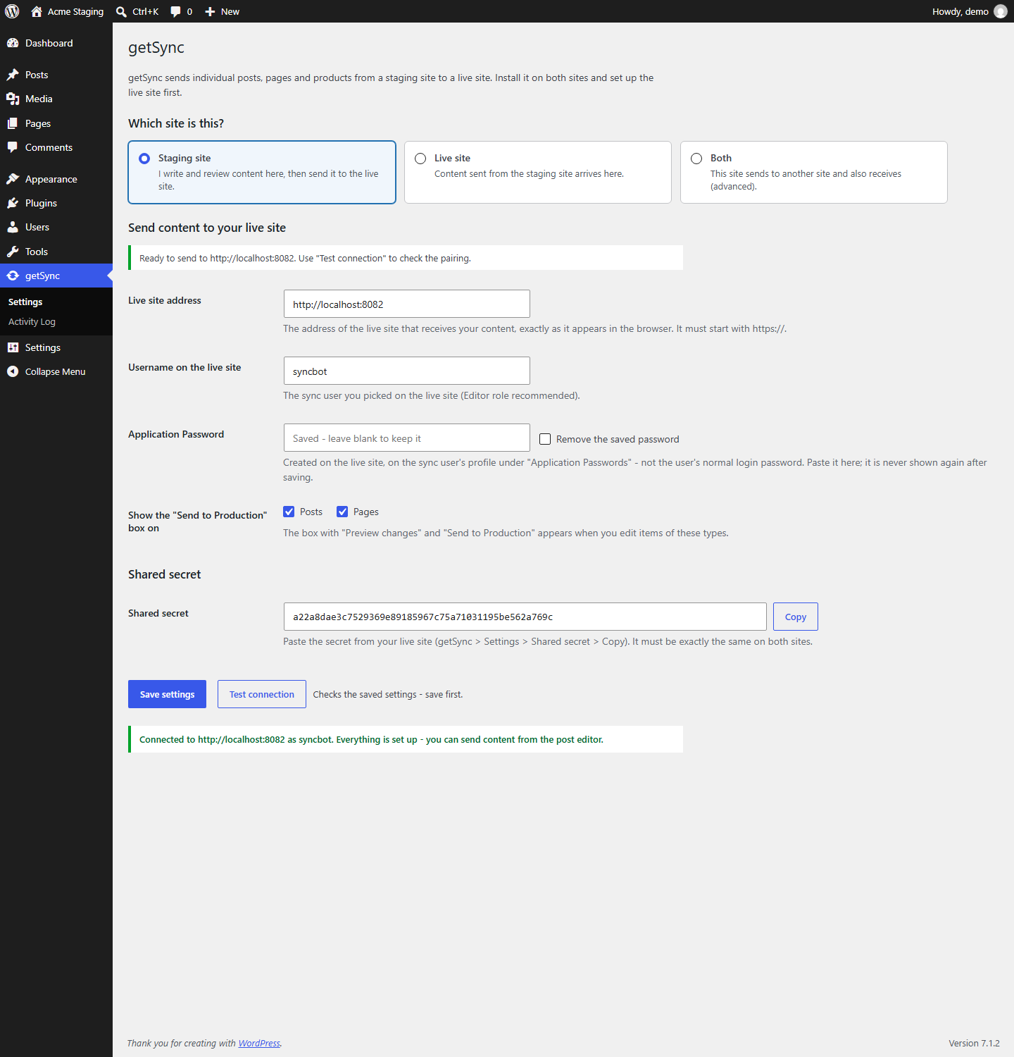Settings on the staging site: choose which site this is, enter the live site details once, and "Test connection" confirms the pairing in plain words.