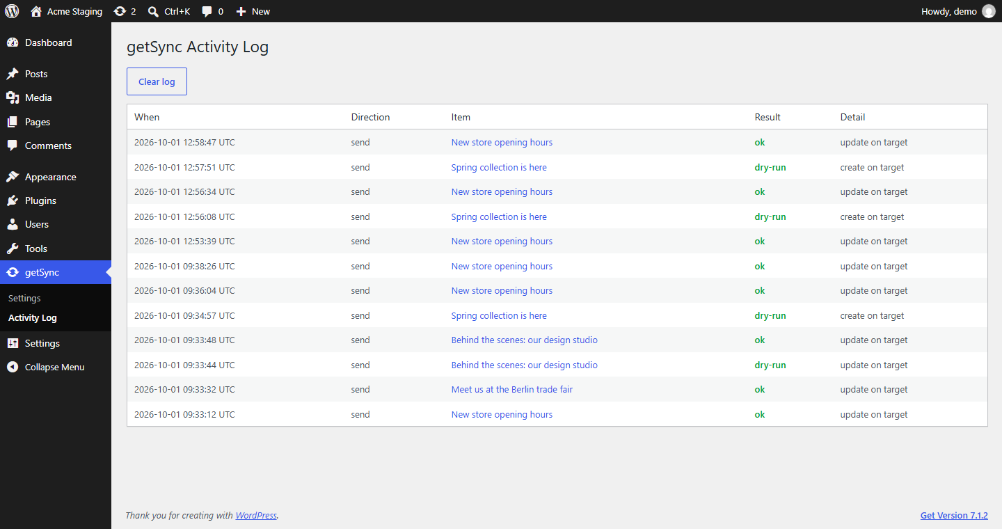 The activity log shows every push, preview and incoming sync.