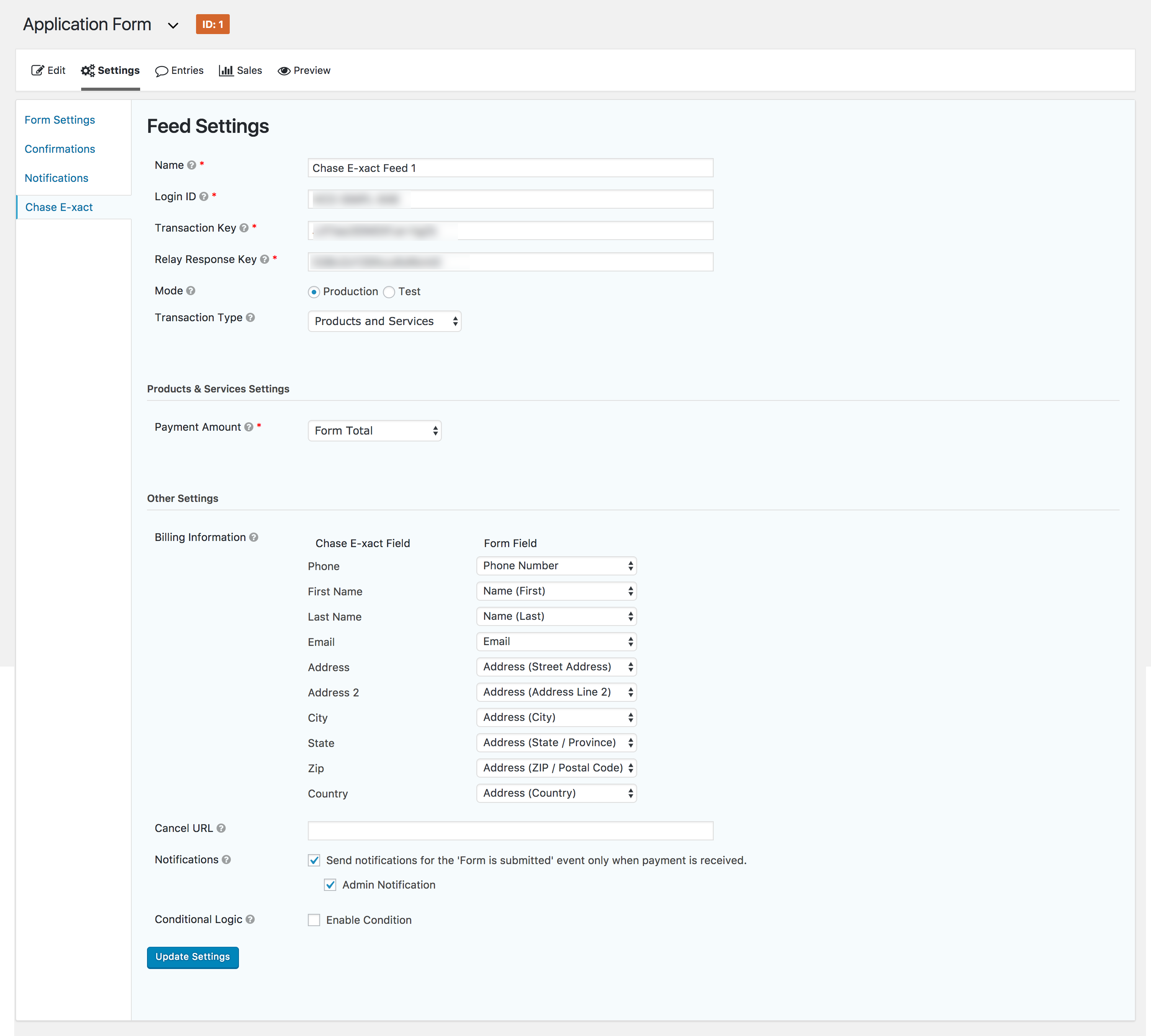 Form Payment Settings Page