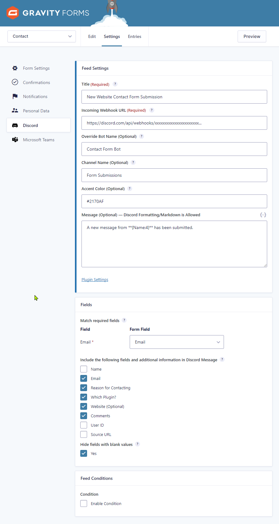 Form feed settings page
