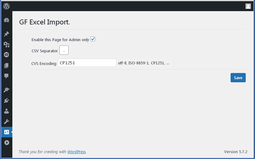 "Import Excel to Gravity Forms". Settings page.