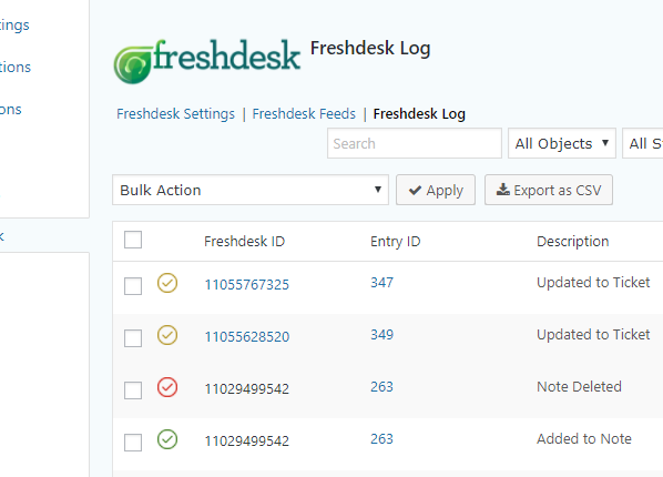 Entries Sent to FreshDesk.
