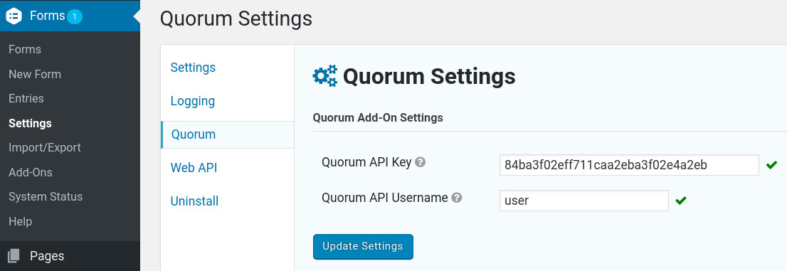 Main API account settings configuration