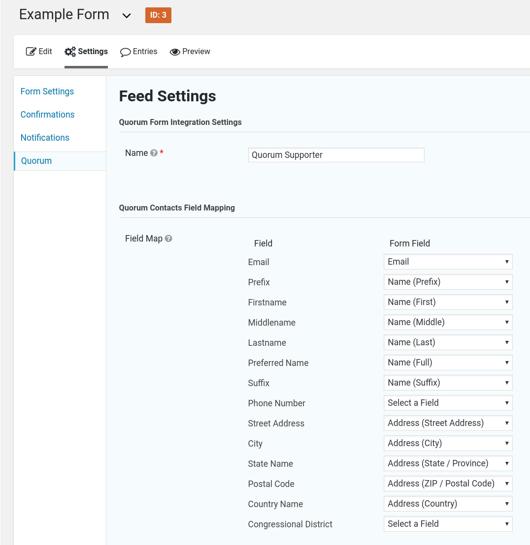 Example form field map configuration