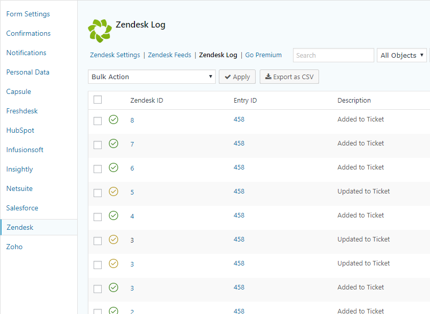 Gravity Forms Zendesk logs.