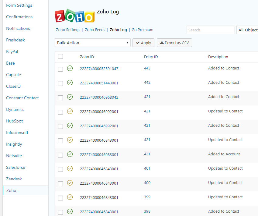 Gravity Forms Zoho CRM logs.