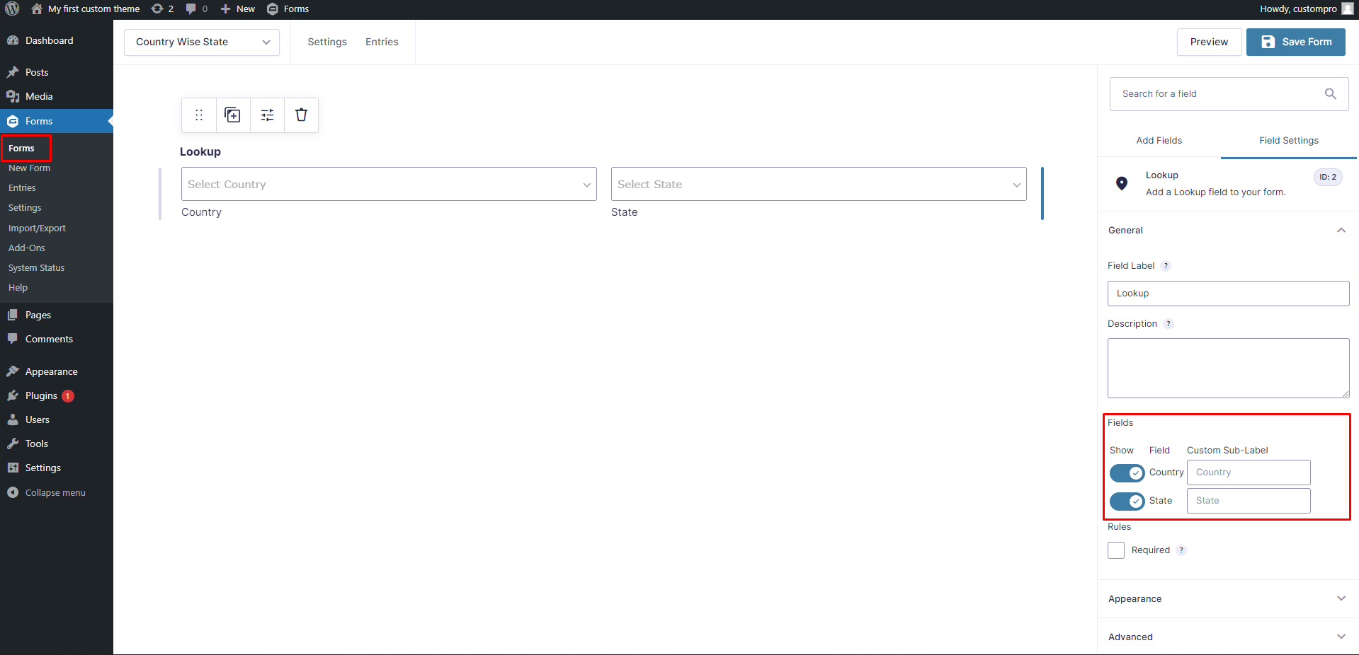 Country and State Fields Show / Hide Settings
