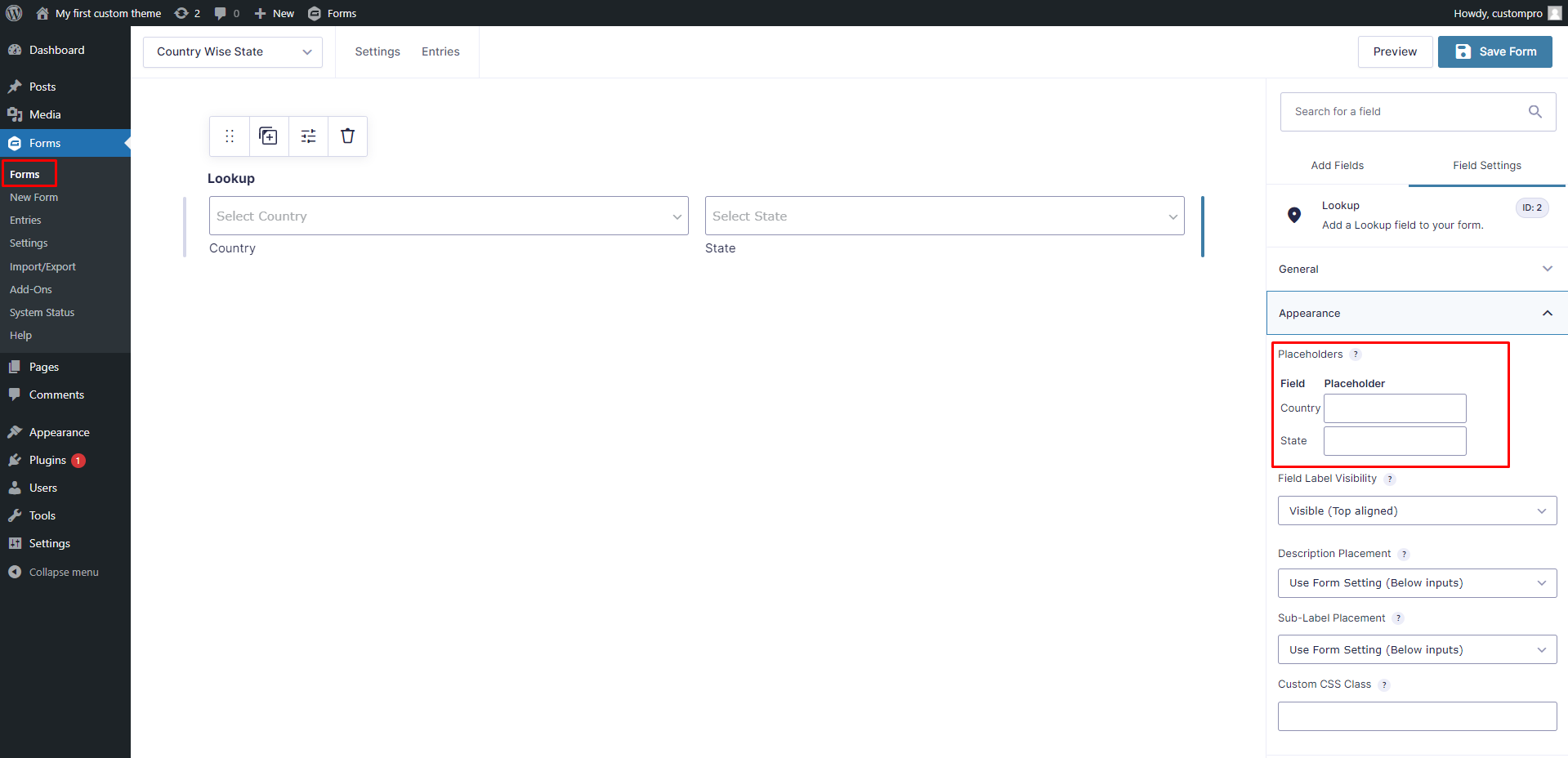 Country and State Fields Placeholder Settings