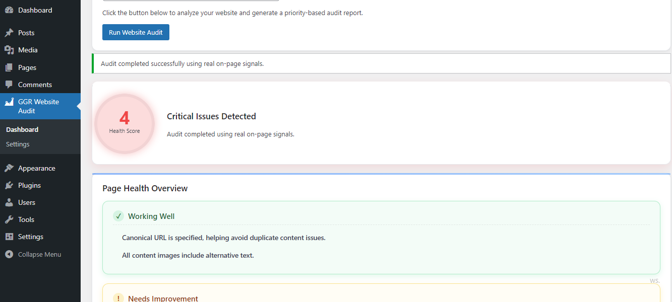 Detailed SEO report with categorized issues and actionable insights