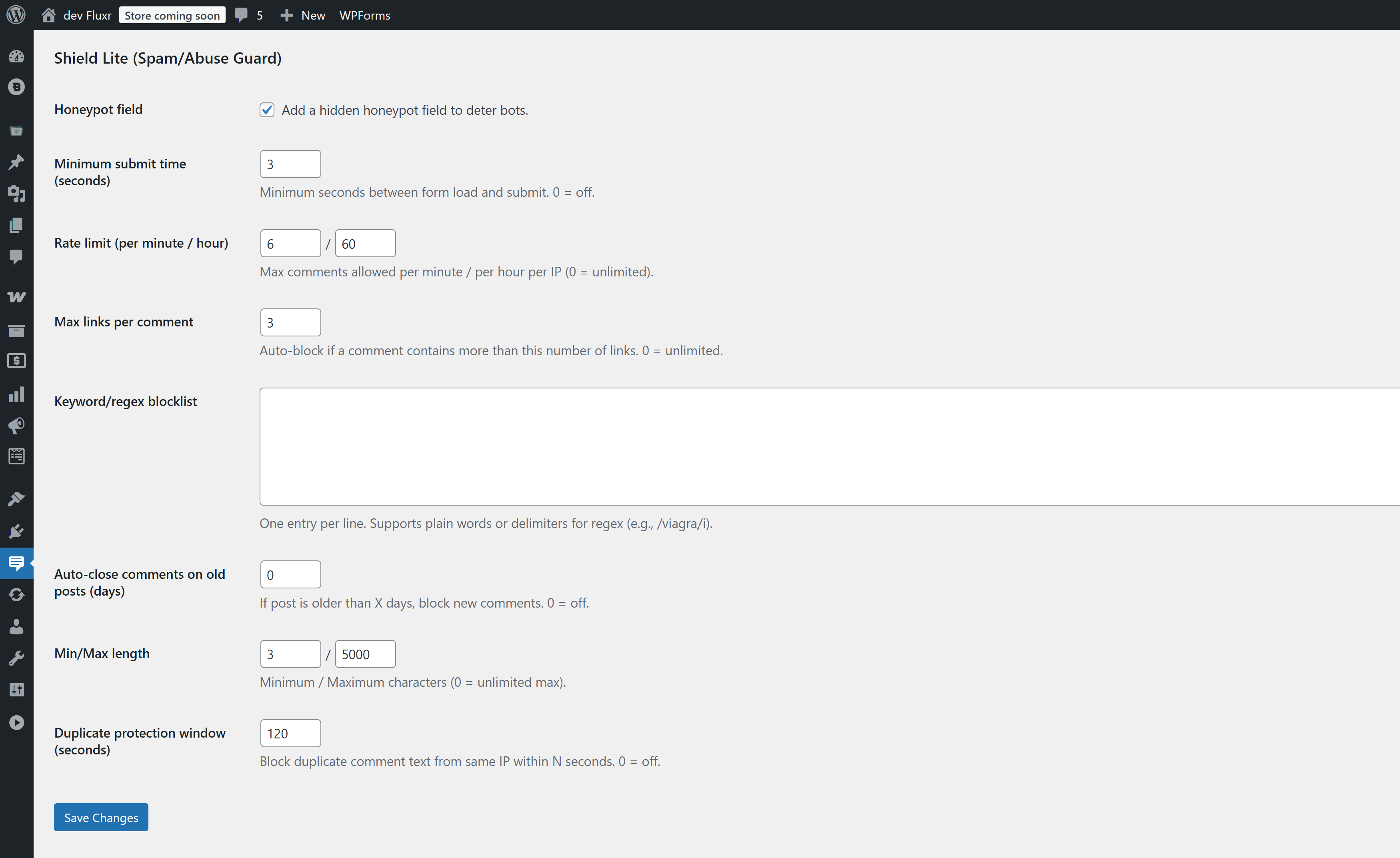Settings → Shield Lite with anti-spam options.