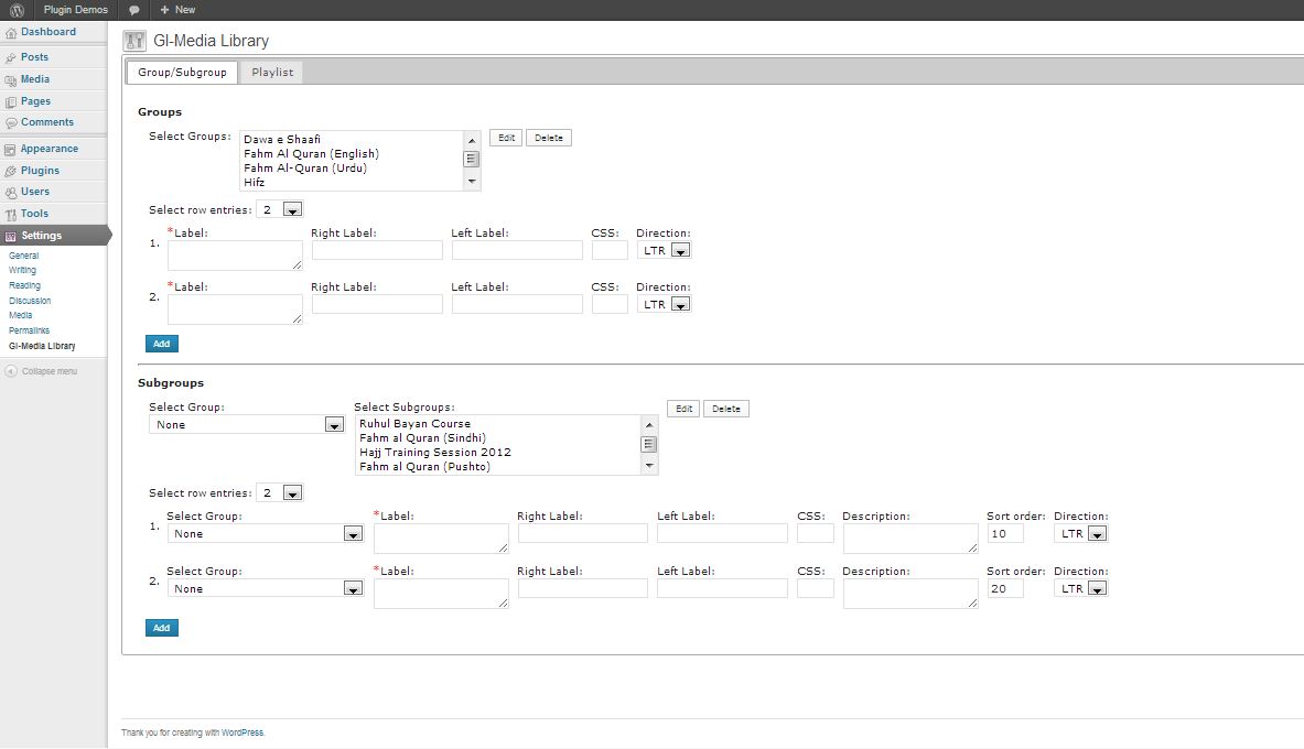 "Creating Group/Subgroup" screen