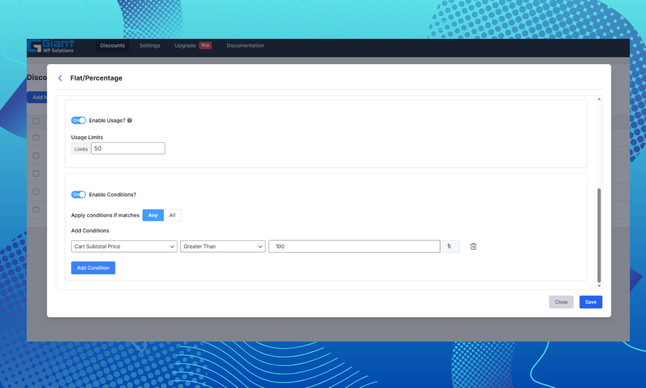 Flat/Percentage Discount Setup and Conditions Building