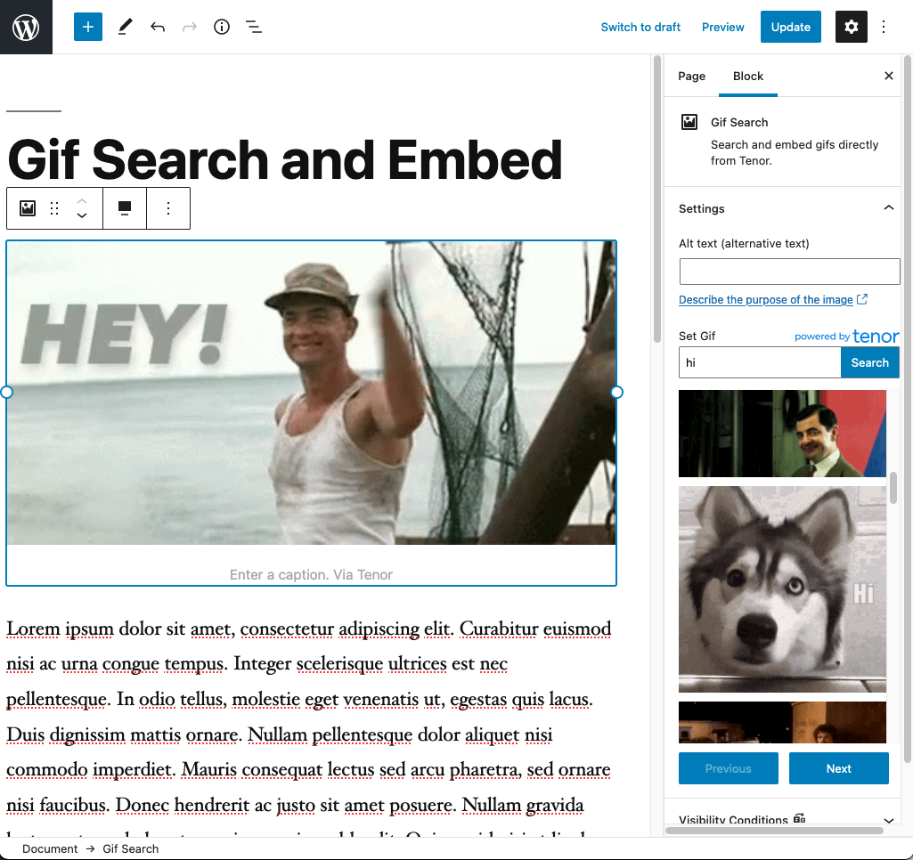 An example of searching for the word 'hi' via Tenor.