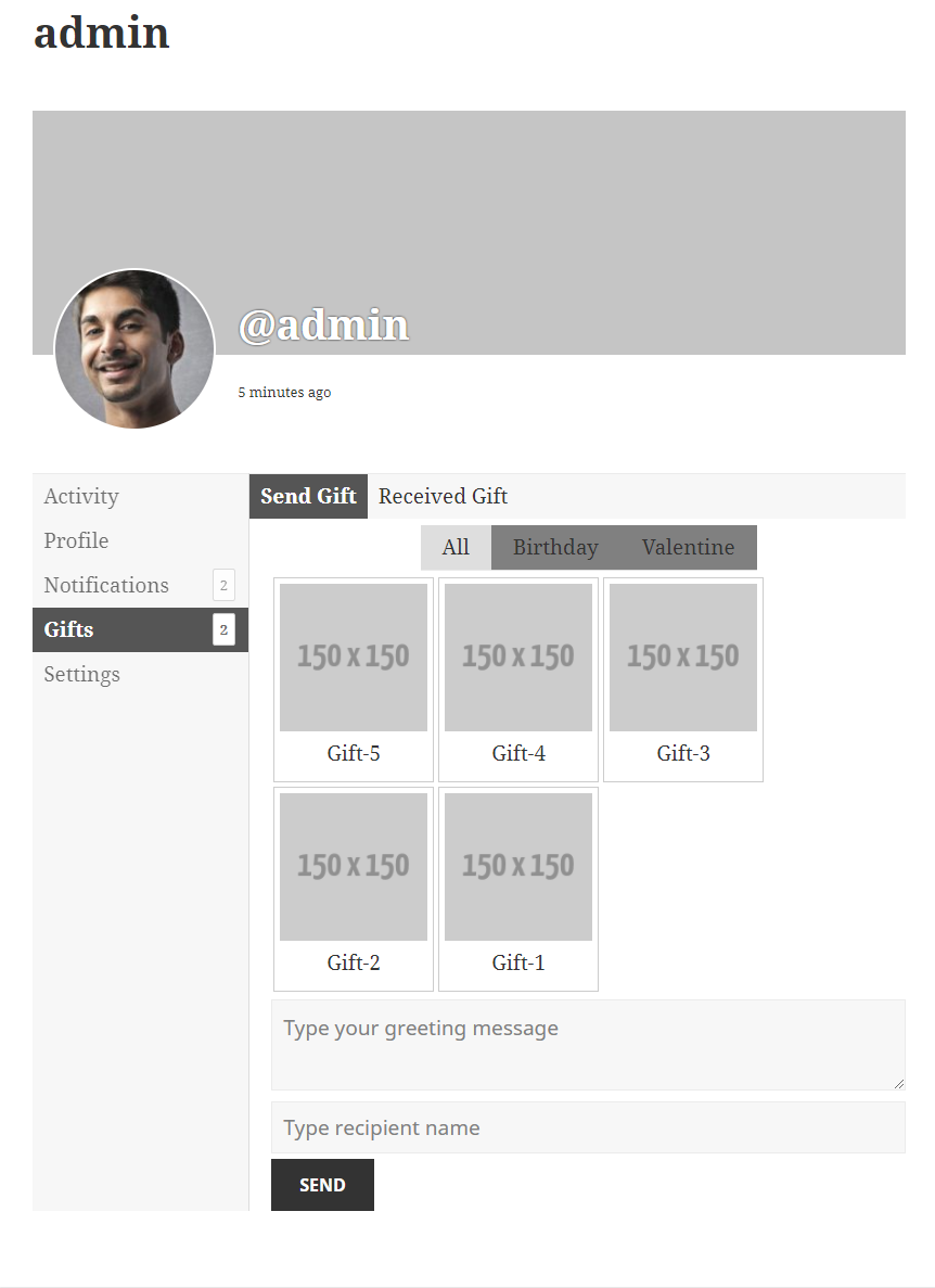 Screen for send gifts where user will be able to view all gifts.