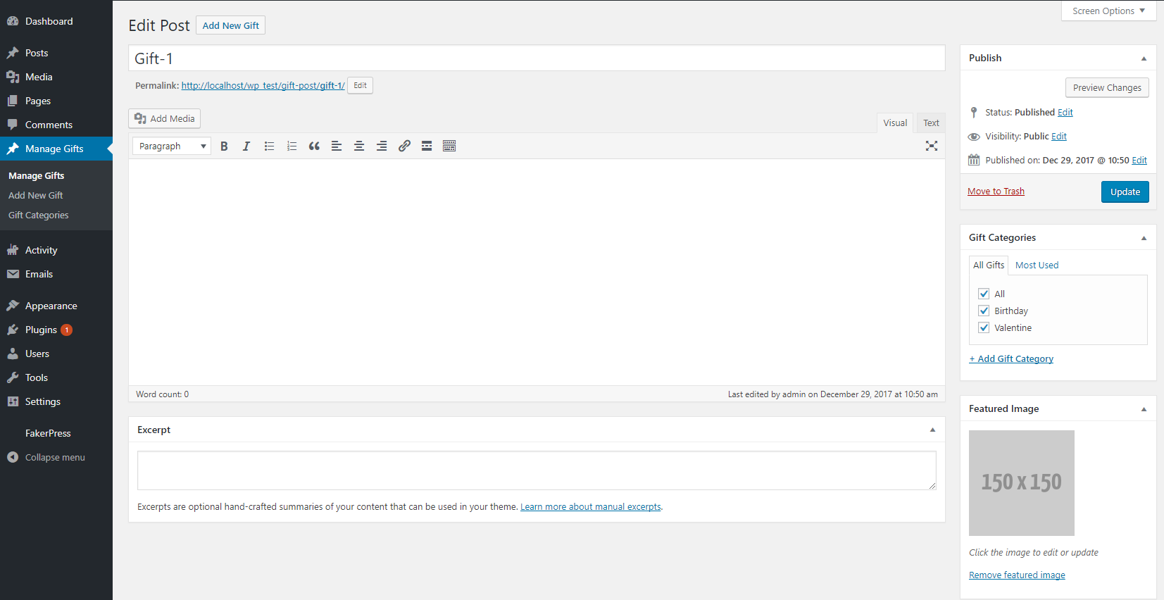 Wordpress admin side gift management screen.