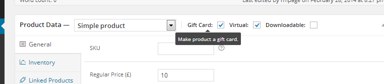 Check mark to make a product a gift card