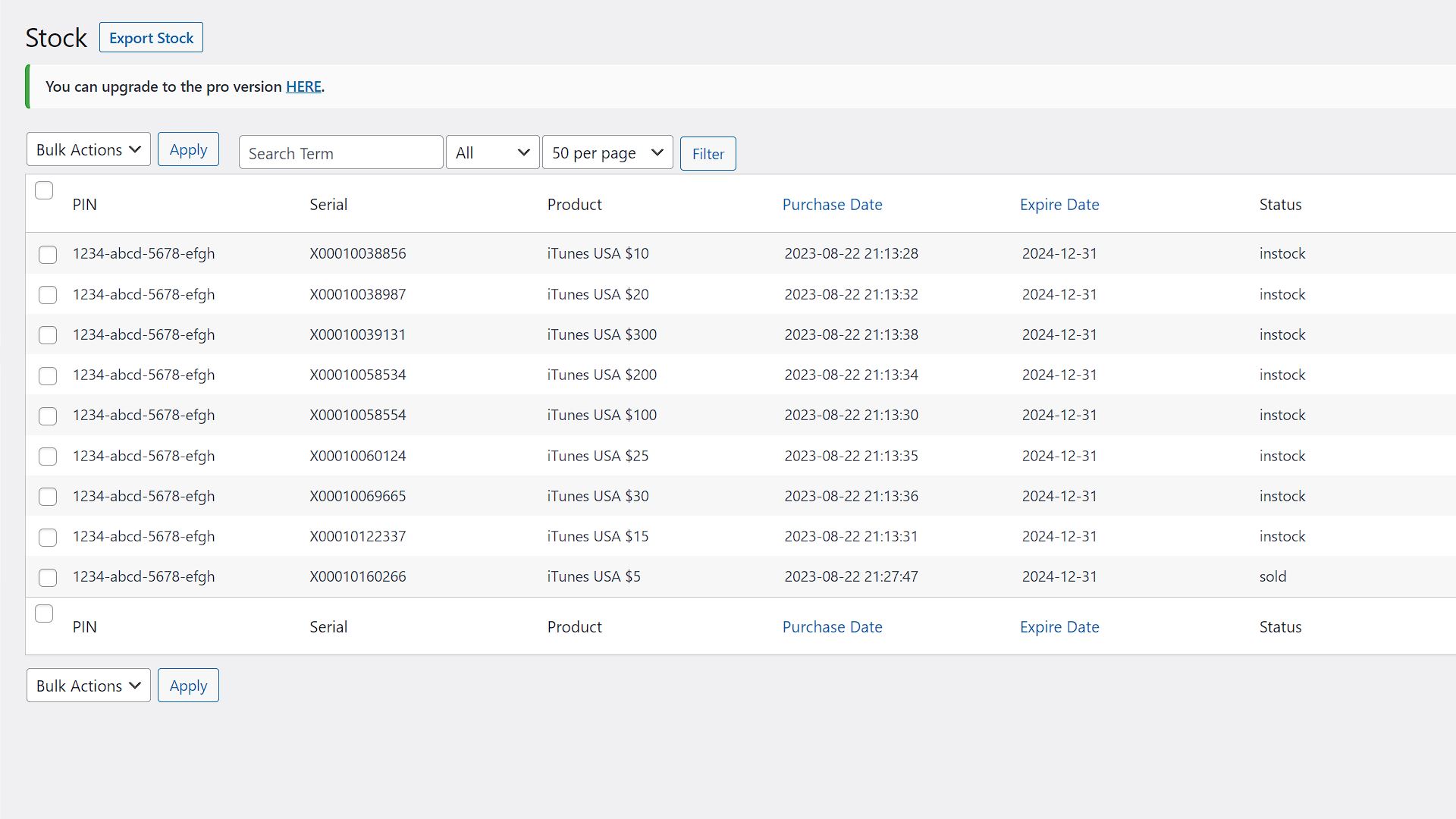 Stock Report - Filter, view and export available/sold stock