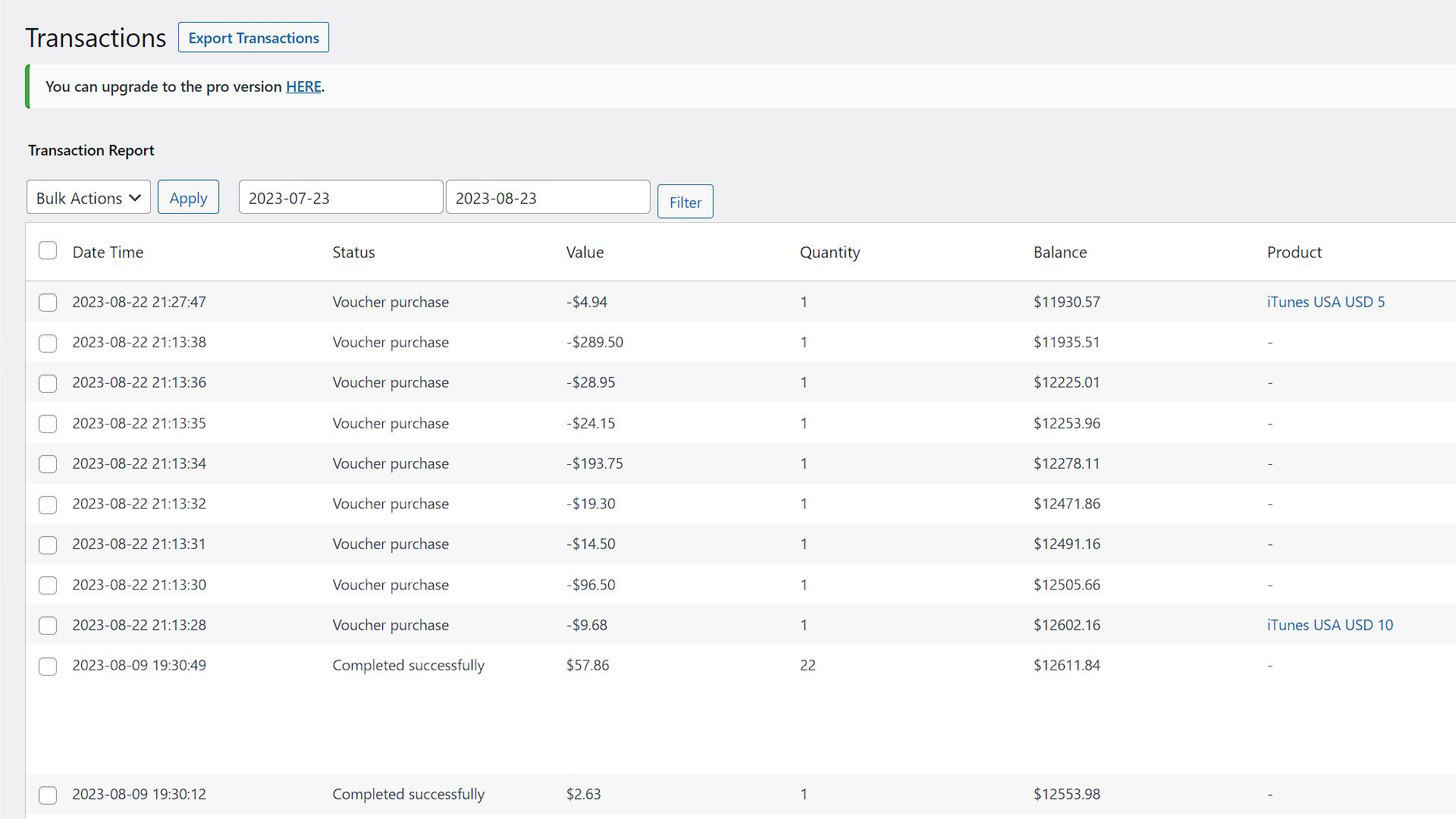 Transactions Report - View and export financial transactions