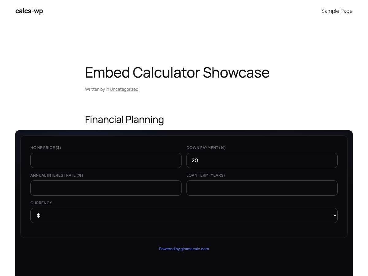 Frontend calculator embed