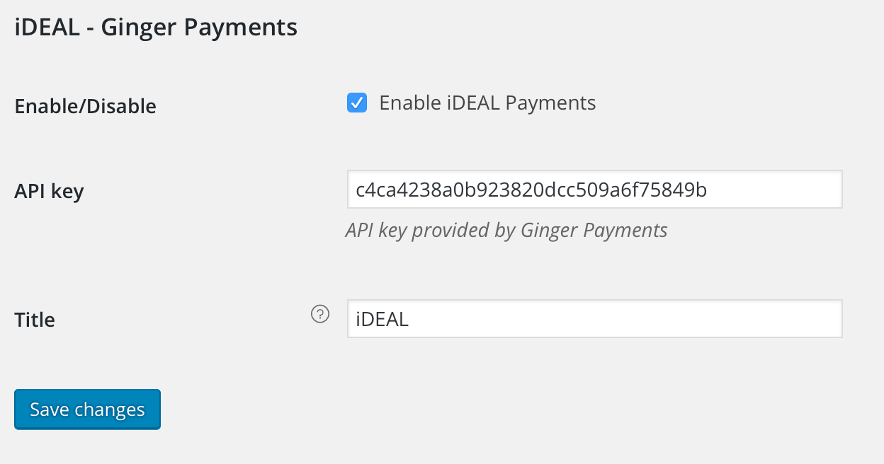 Ginger Payments Plugin Configurations Settings