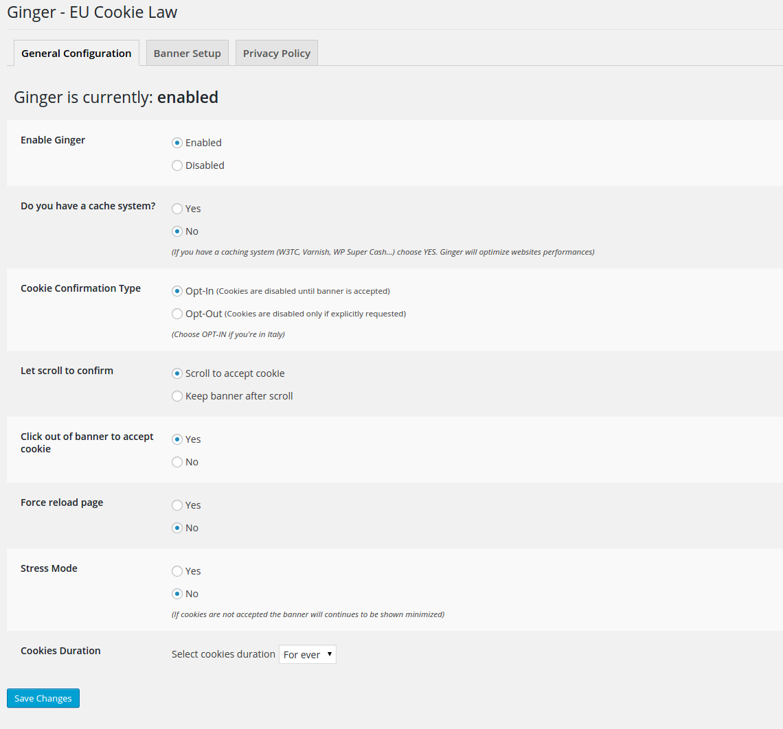 General Configuration Page: here you can enable banner and choose from opt-in (for Italia as example) or opt-out mode