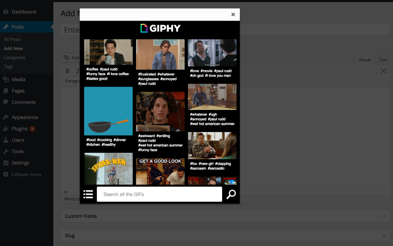 A screenshot of what your TinyMCE rich text editor looks like once the Giphypress plugin is successfully installed.