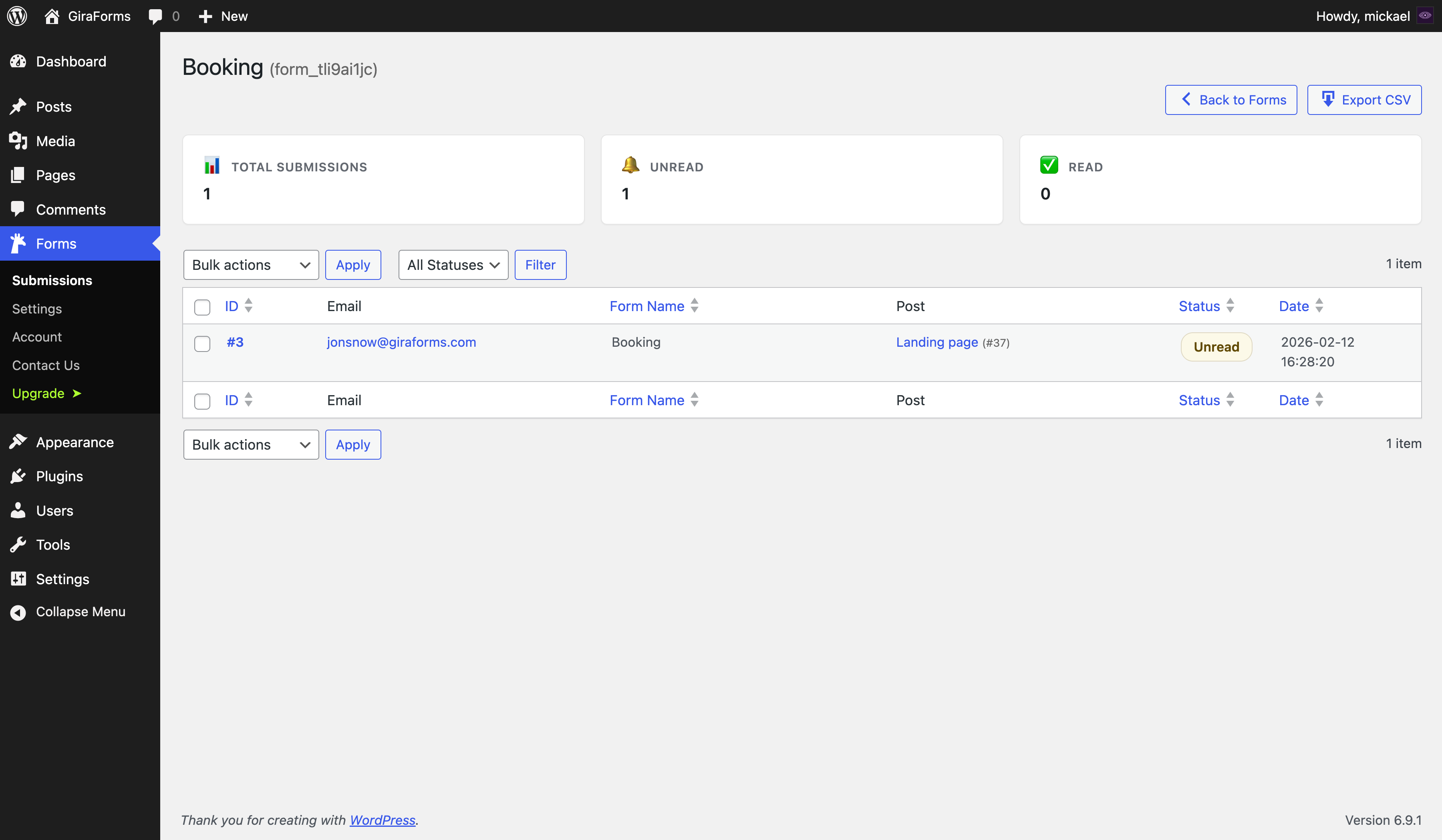 Submissions dashboard in the admin