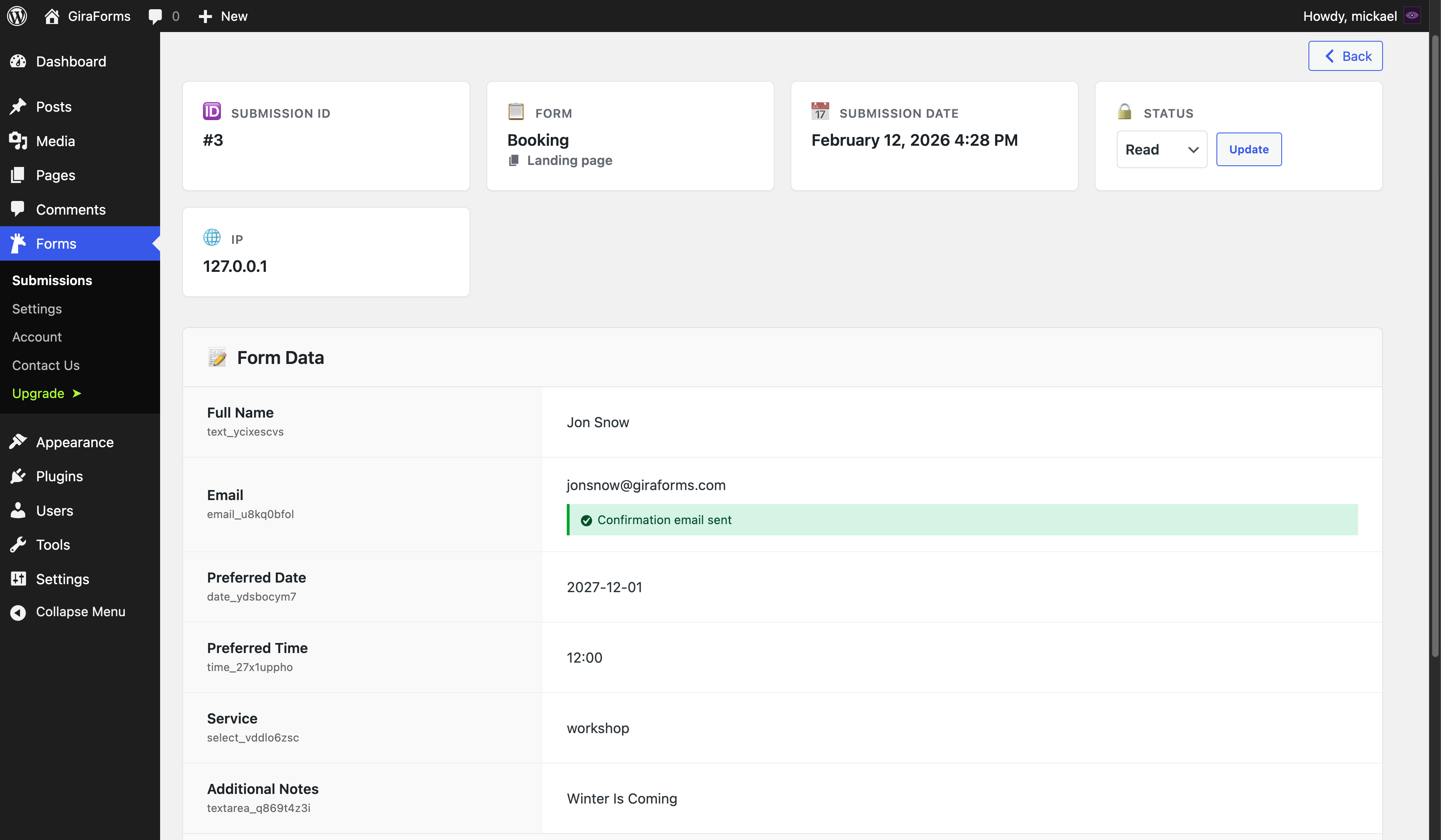 Submissions details in the admin