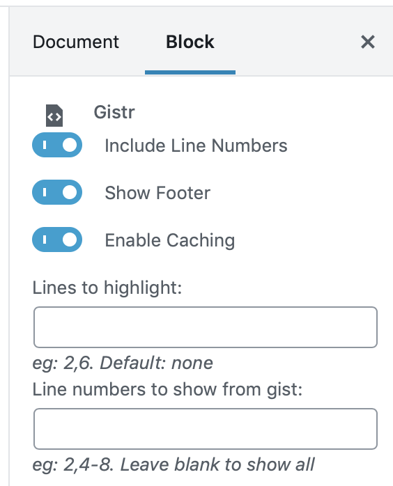 Available options when configuring Gistr