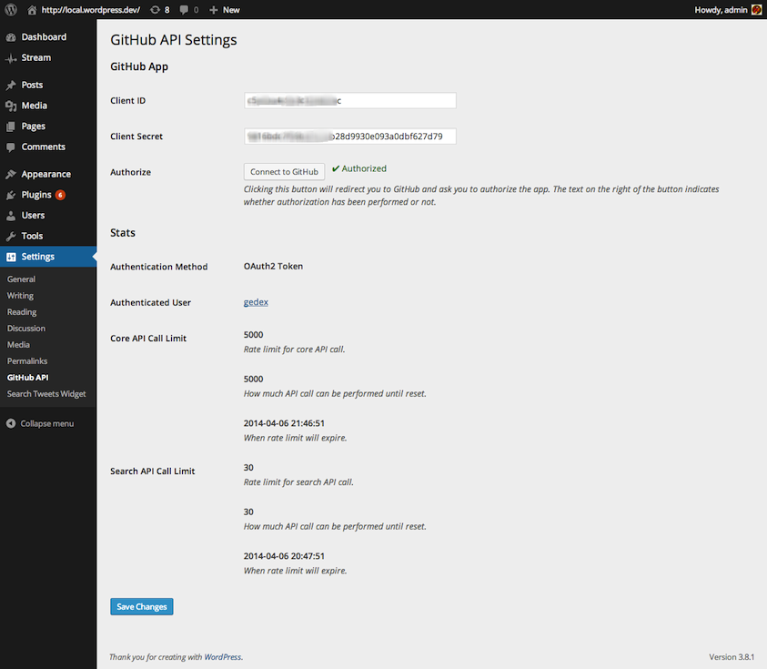 Settings page