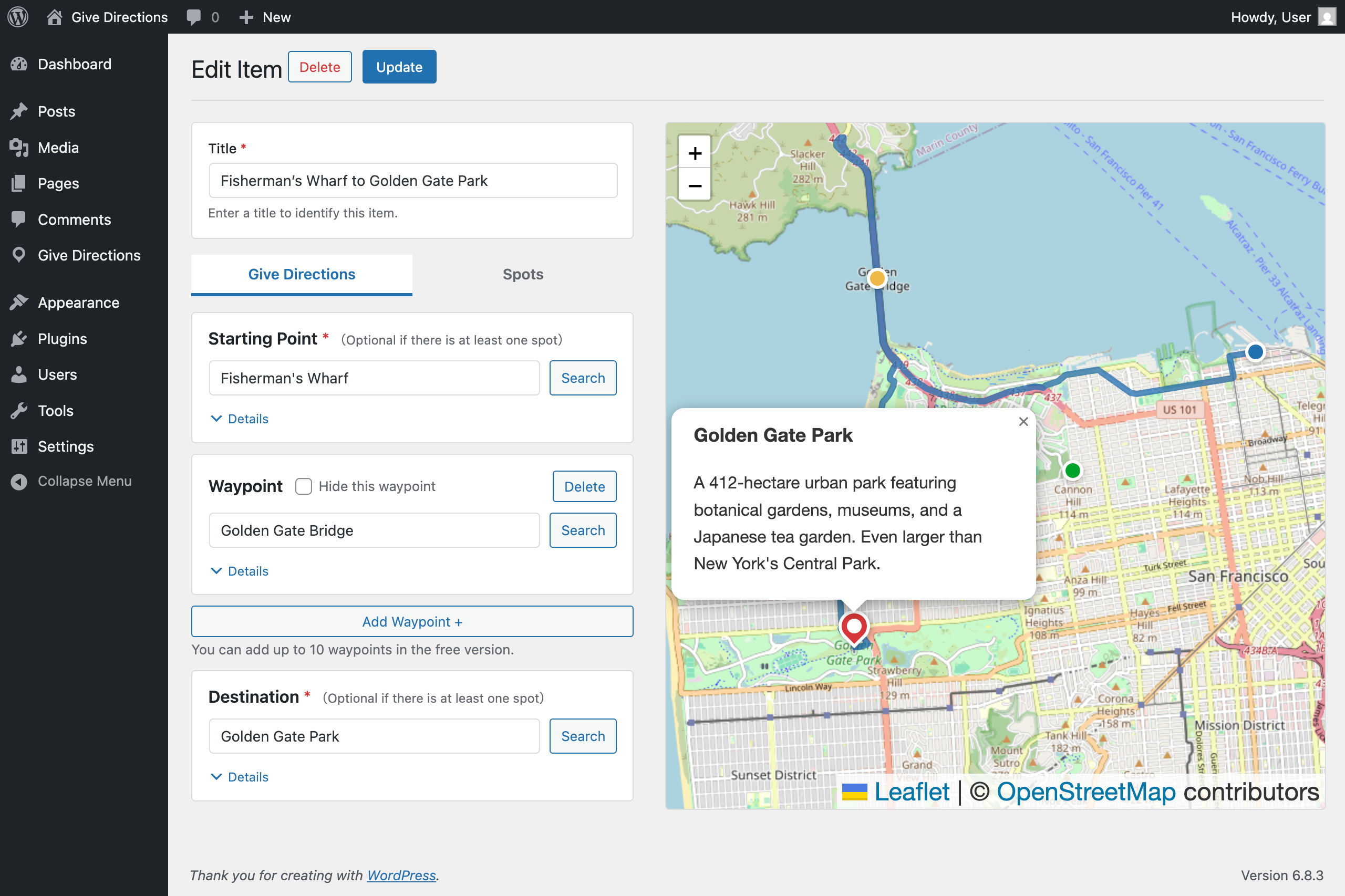 Direction edit screen - Spot guide tab