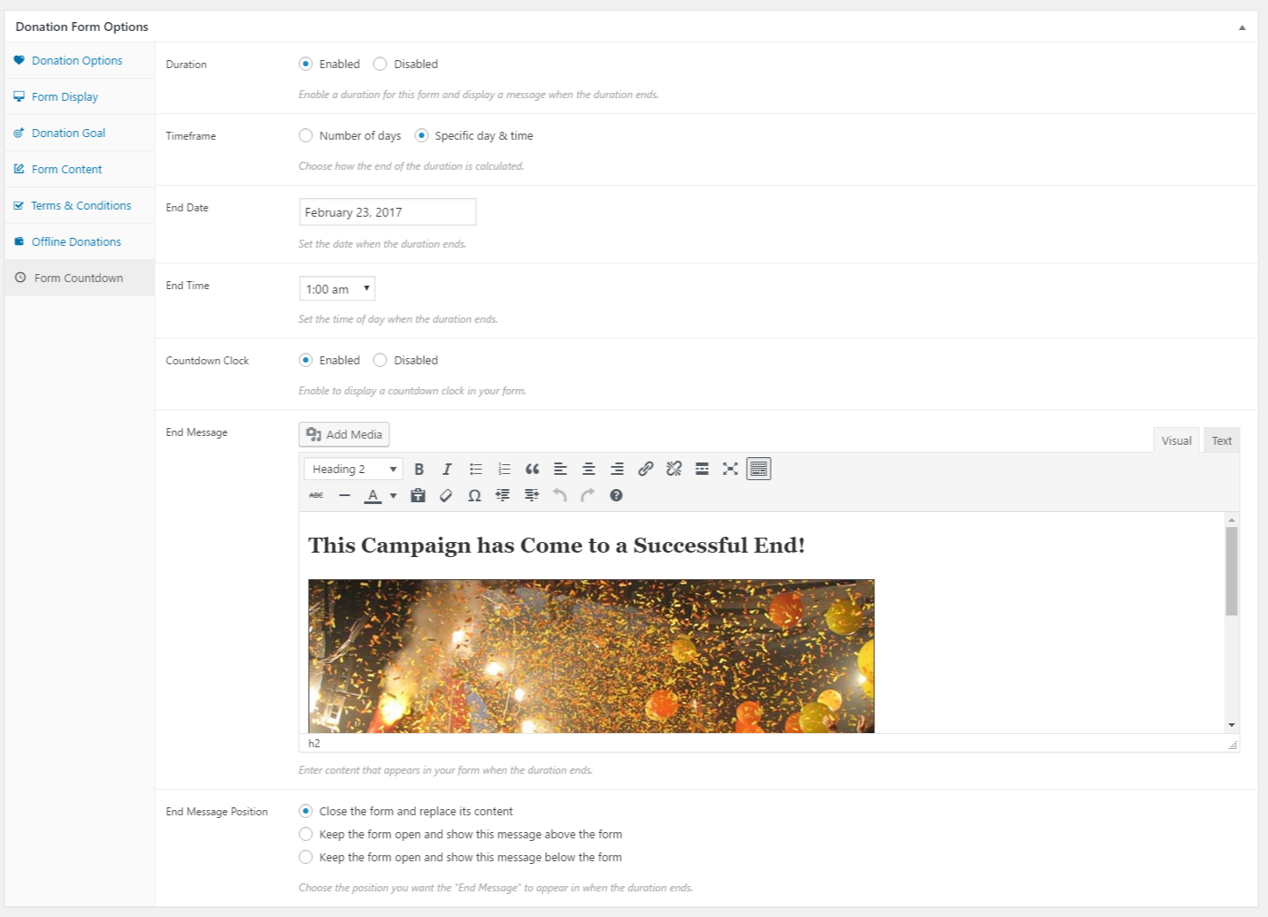 The Form Countdown Settings.