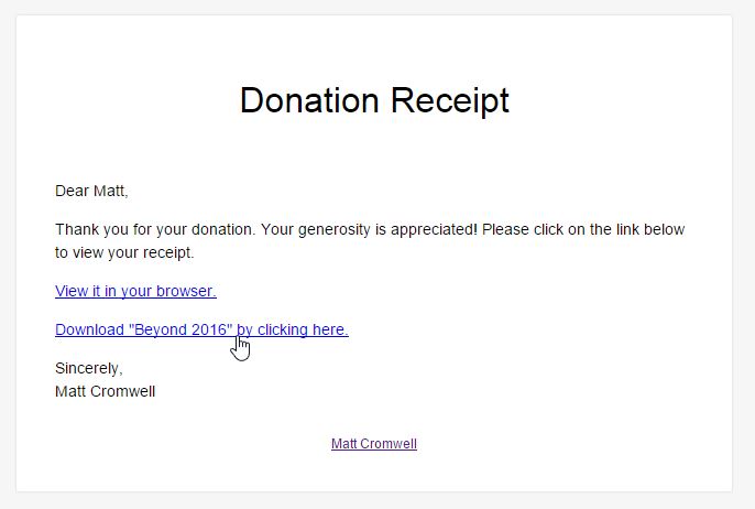 The Attachment link displayed inside the GiveWP Donation Receipt Email.