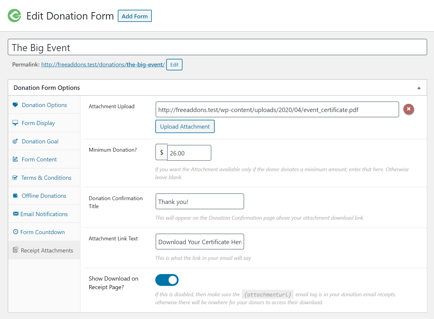 The settings for GiveWP Receipt Attachments that are displayed at the bottom of each GiveWP form edit screen.