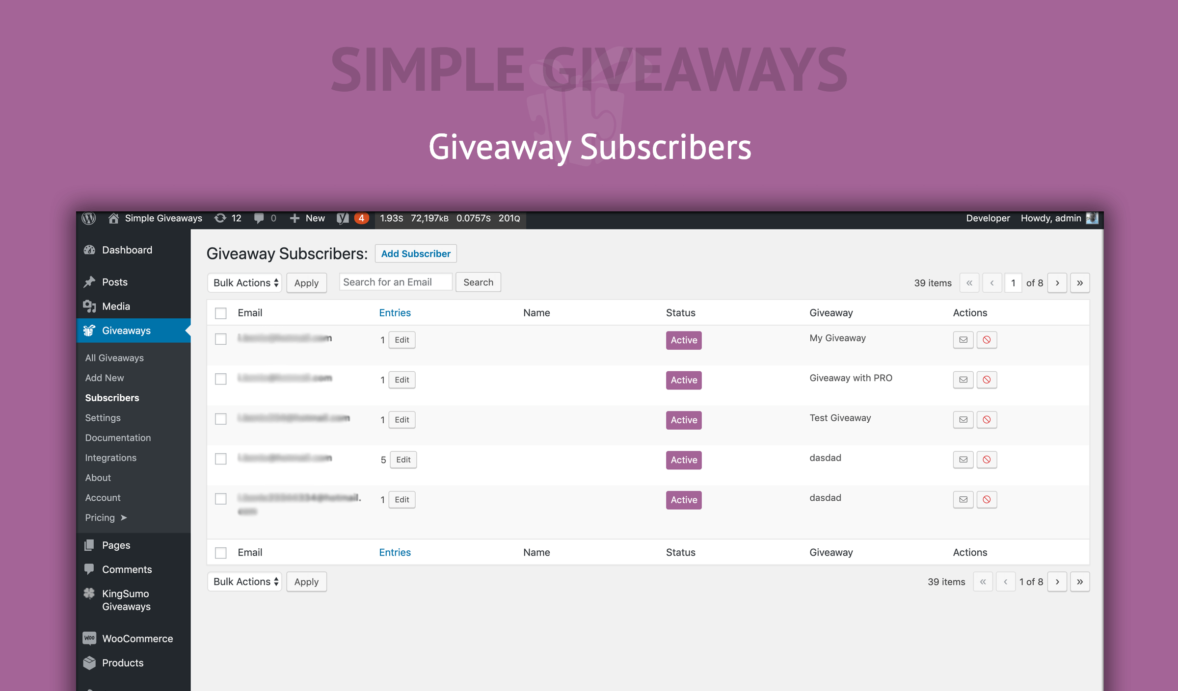 Giveaway Subscribers