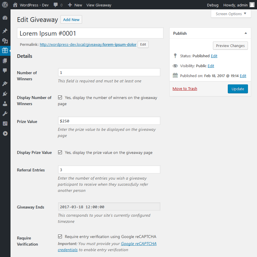 When creating a Giveaway, specify the number of winners, prize value, entries per referral, and when the giveaway ends