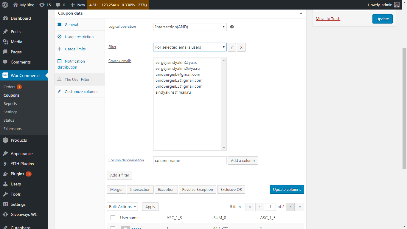 The tab "The User Filter", filter parameters "By users emails selected"