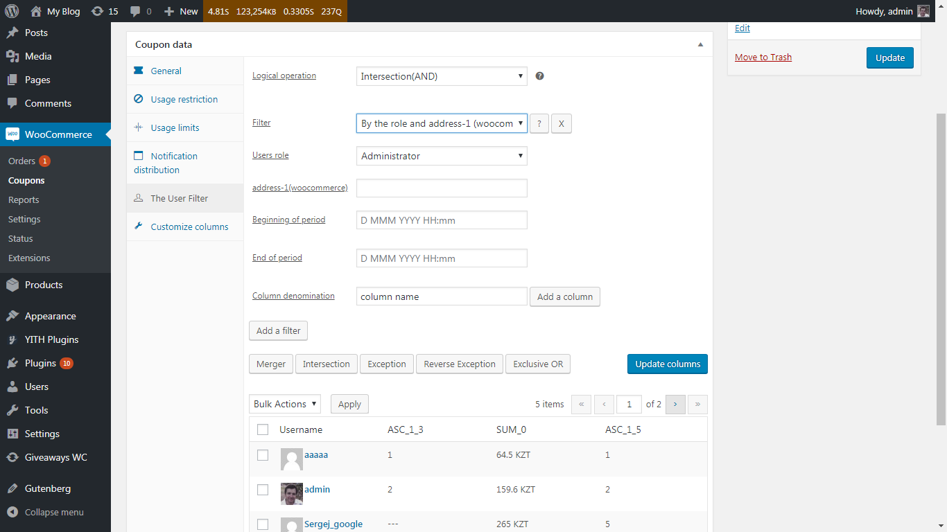 The tab "The User Filter", filter parameters "By role and address-1 (woocommerce) of the user (LIKE)"
