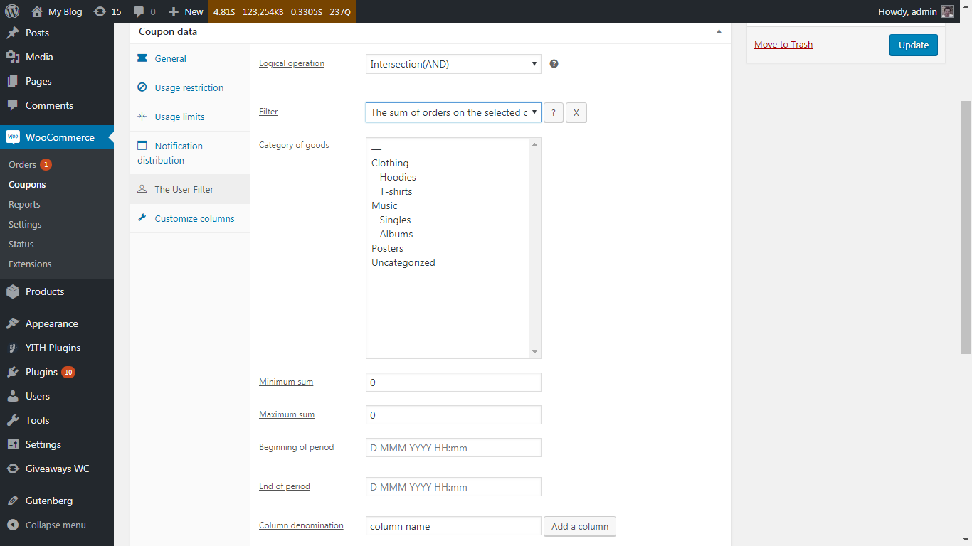 The tab "The User Filter", filter parameters "The sum of orders on the selected categories is within the specified range of values"