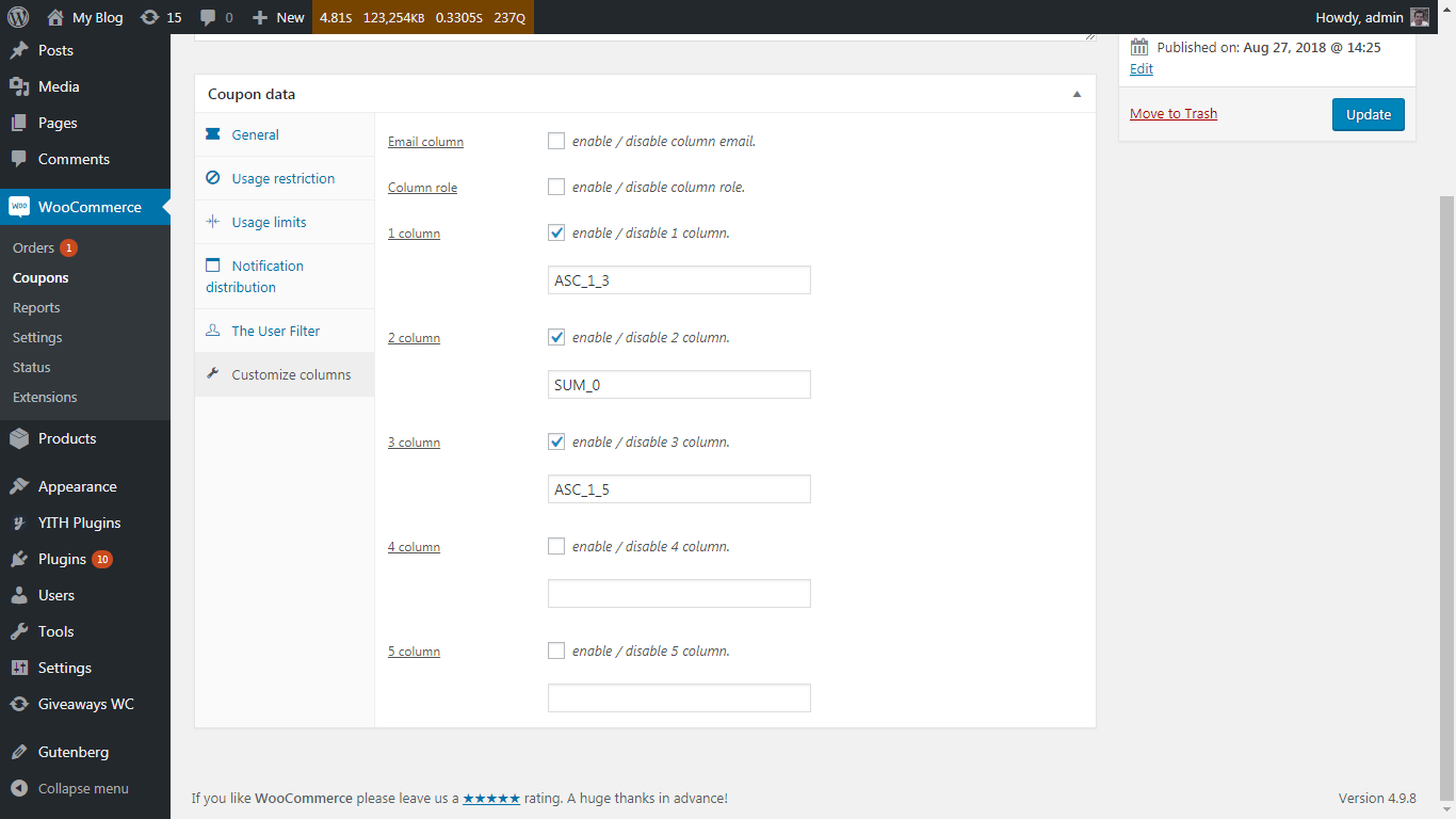 The tab "Customize columns"