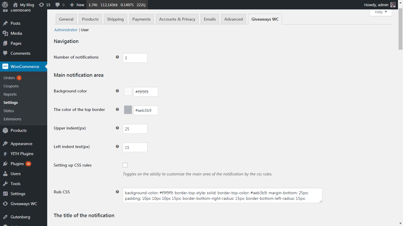 Plugin settings page(WooCommerce>Settings>Giveaways WC)