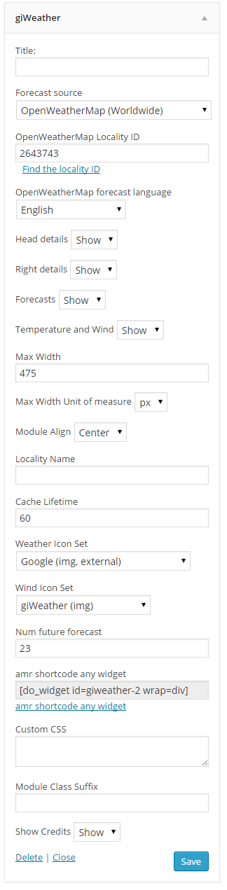 Configuration options of giWeather widget (v1.1.0). More options to come.