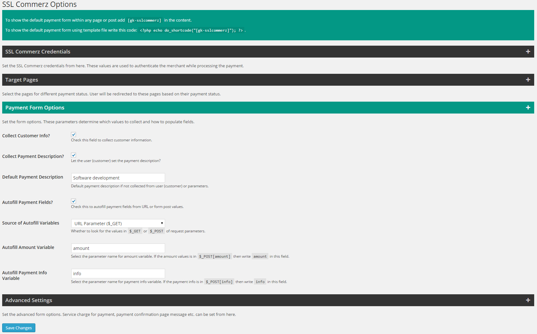 Set advanced options to fill the payment form.
