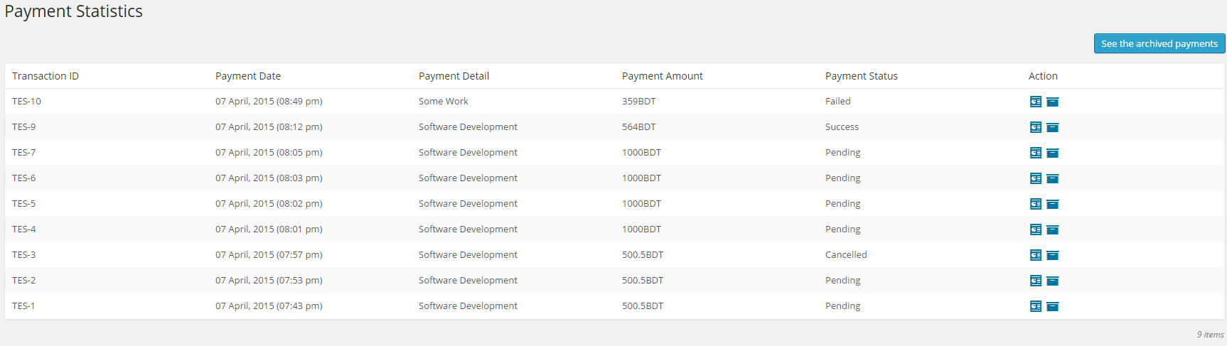 Payment statistics page shows the list of payments along with their status.