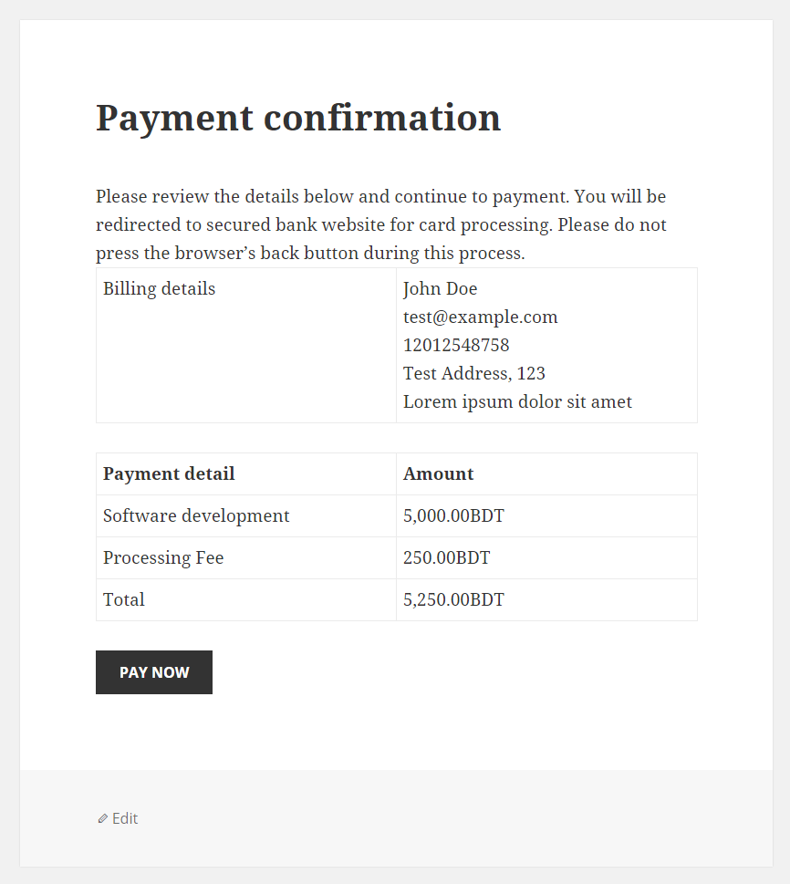 This is the confirmation page before redirecting the user to the SSLCommerz gateway.